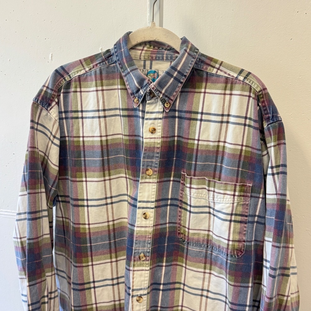 Vintage World Island Men's XL Plaid Button Down Shirt Blue Cotton Long Sleeve - Picture 4 of 8